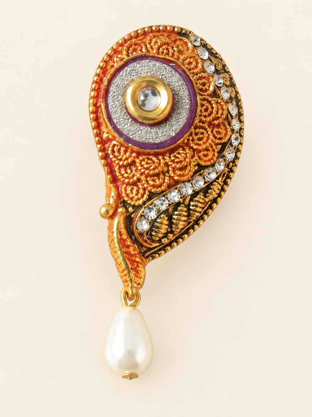 Gold and Purple Paisley Drop Earrings with Pearl Accent